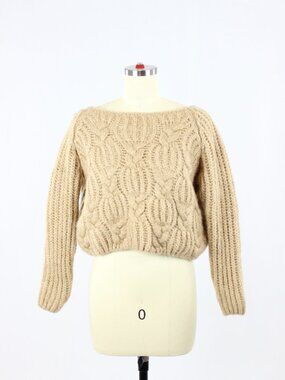 MICHAEL TYLER Tan Wool Cashmere Cable Knit Cropped Boat Neck Sweater, Size S